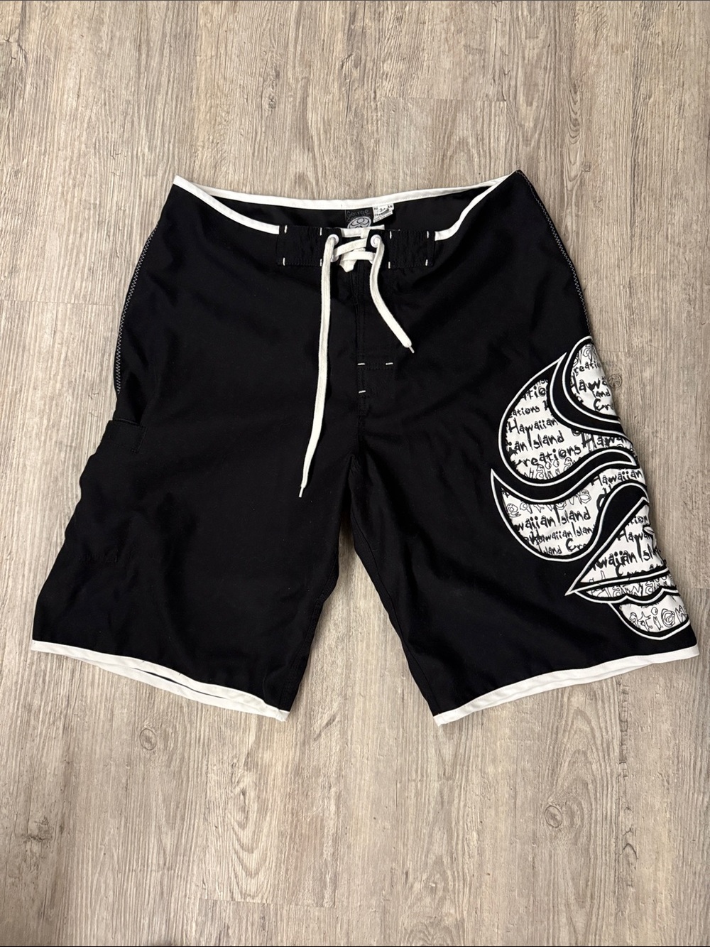 Black Men's Swim Board Shorts with White Contrast and Side Graphic